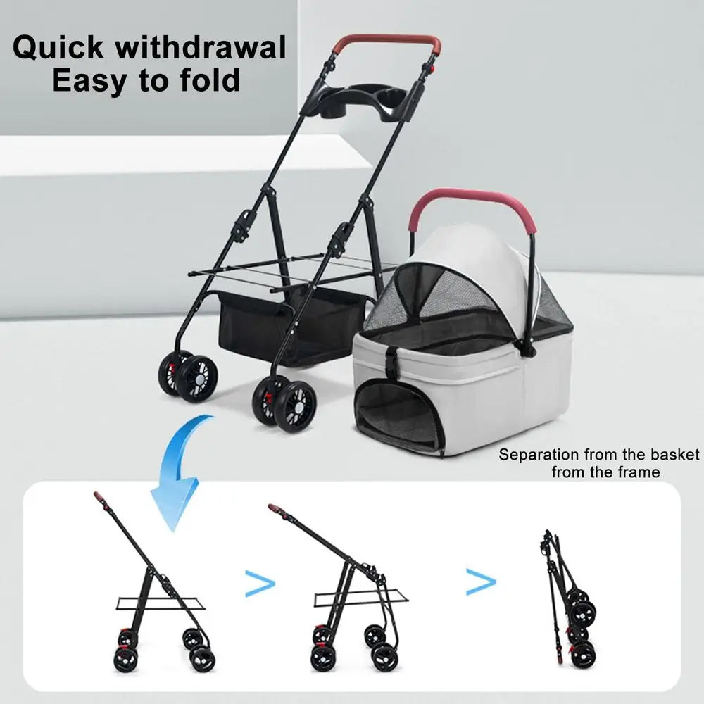 Pet Folding Stroller For Dogs And Cats With Four Wheels