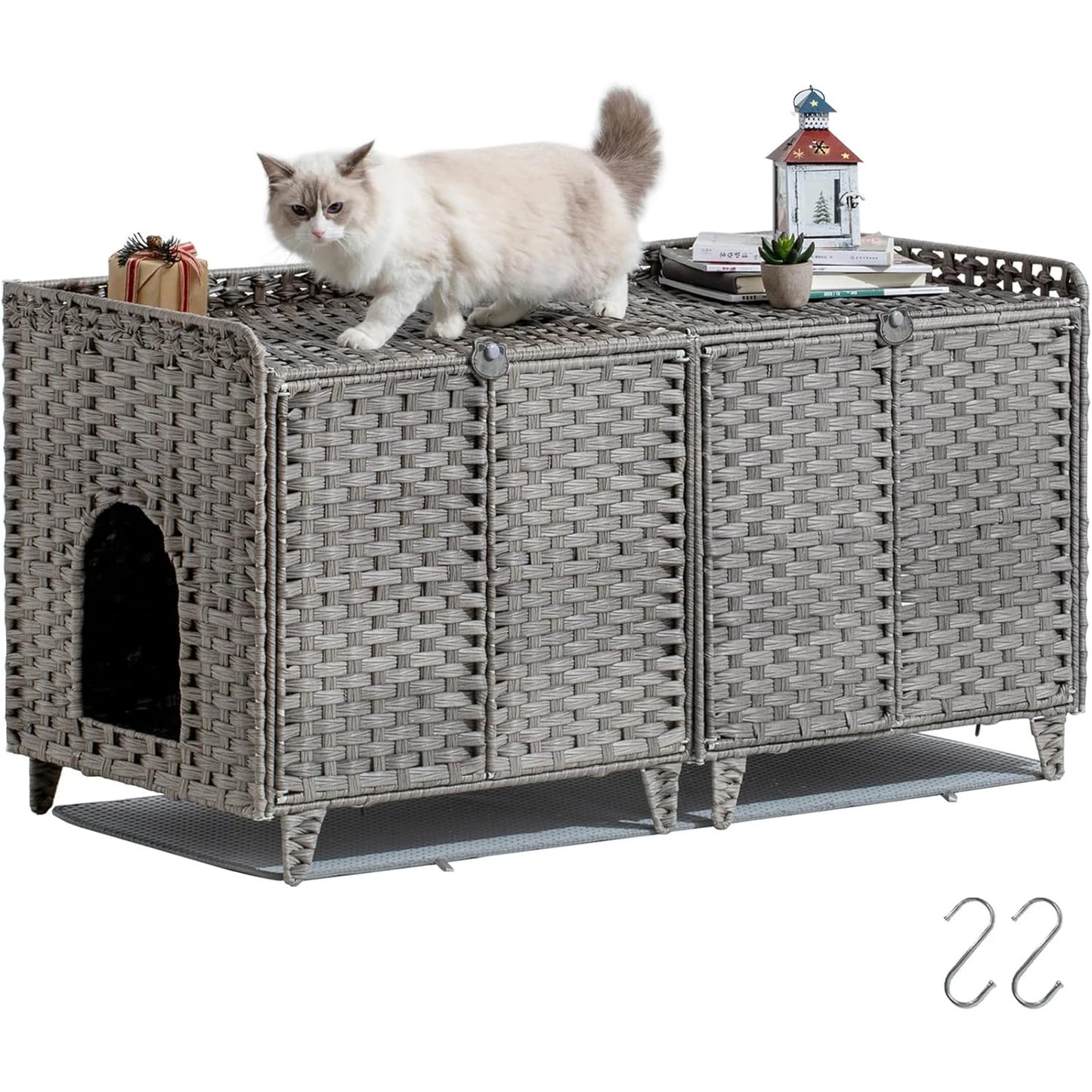 HiMISS Hidden Cat Litter Box Enclosure In Handwoven Rattan With Door
