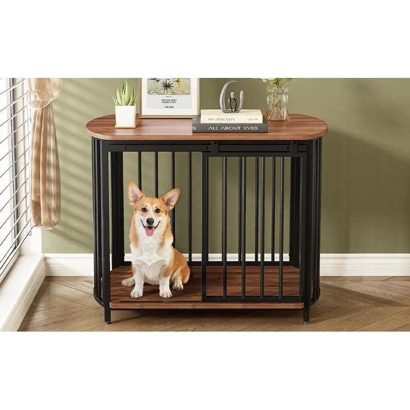 Wooden Dog Crate End Table With Double Doors For Home