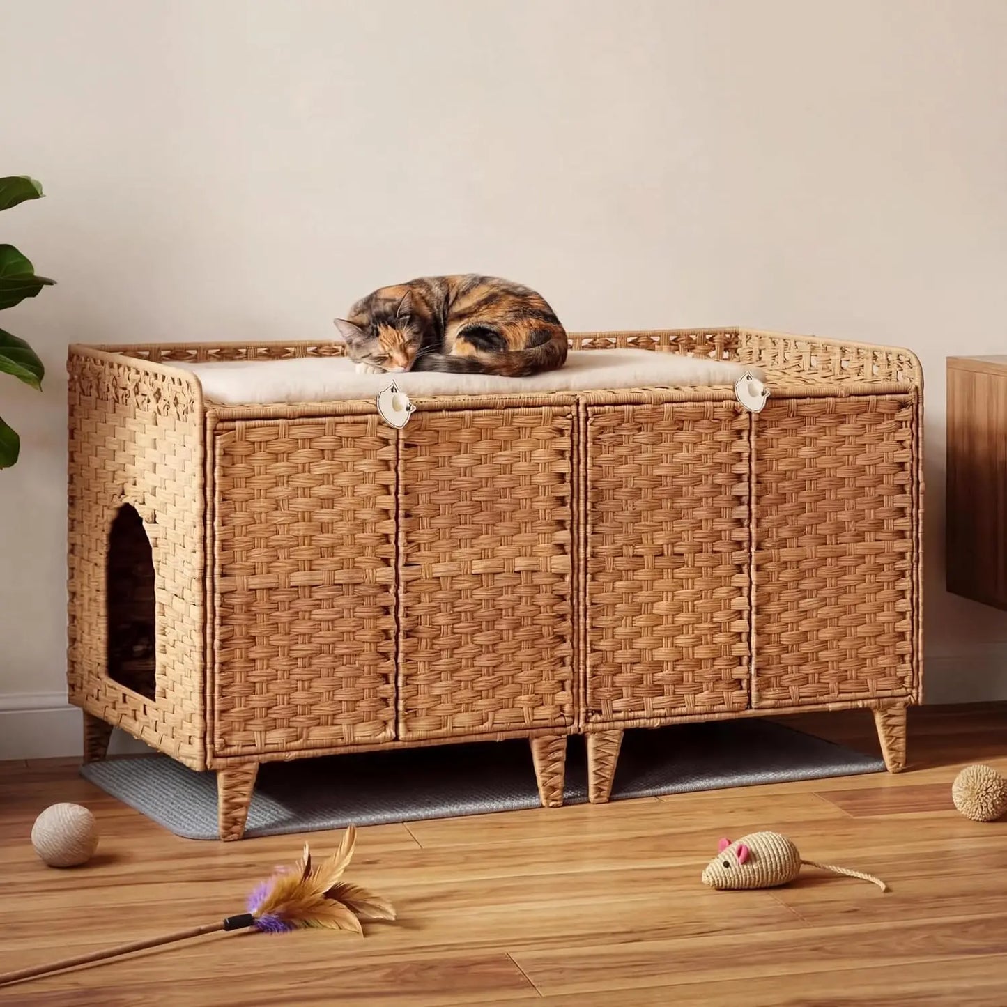 HiMISS Hidden Cat Litter Box Enclosure In Handwoven Rattan With Door