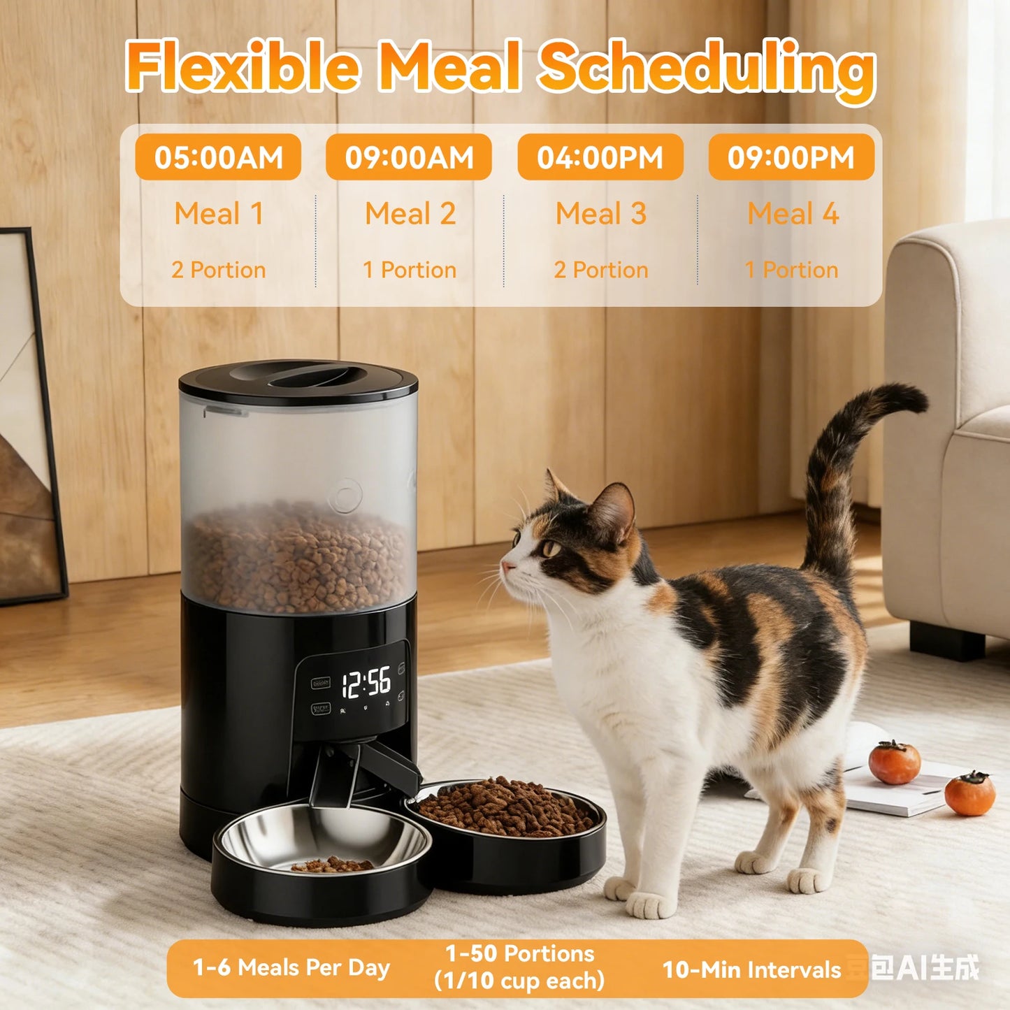 Automatic Cat Feeder With 2 Stainless Bowls Dual Power Supply