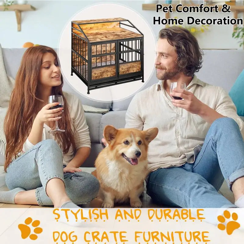 Multi Function Wooden Dog Crate With Storage And Double Doors
