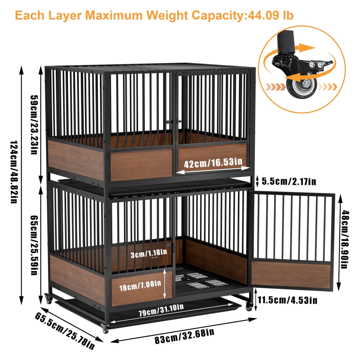 BINGOPAW Heavy Duty Rolling Dog Crate Kennel Removable Tray