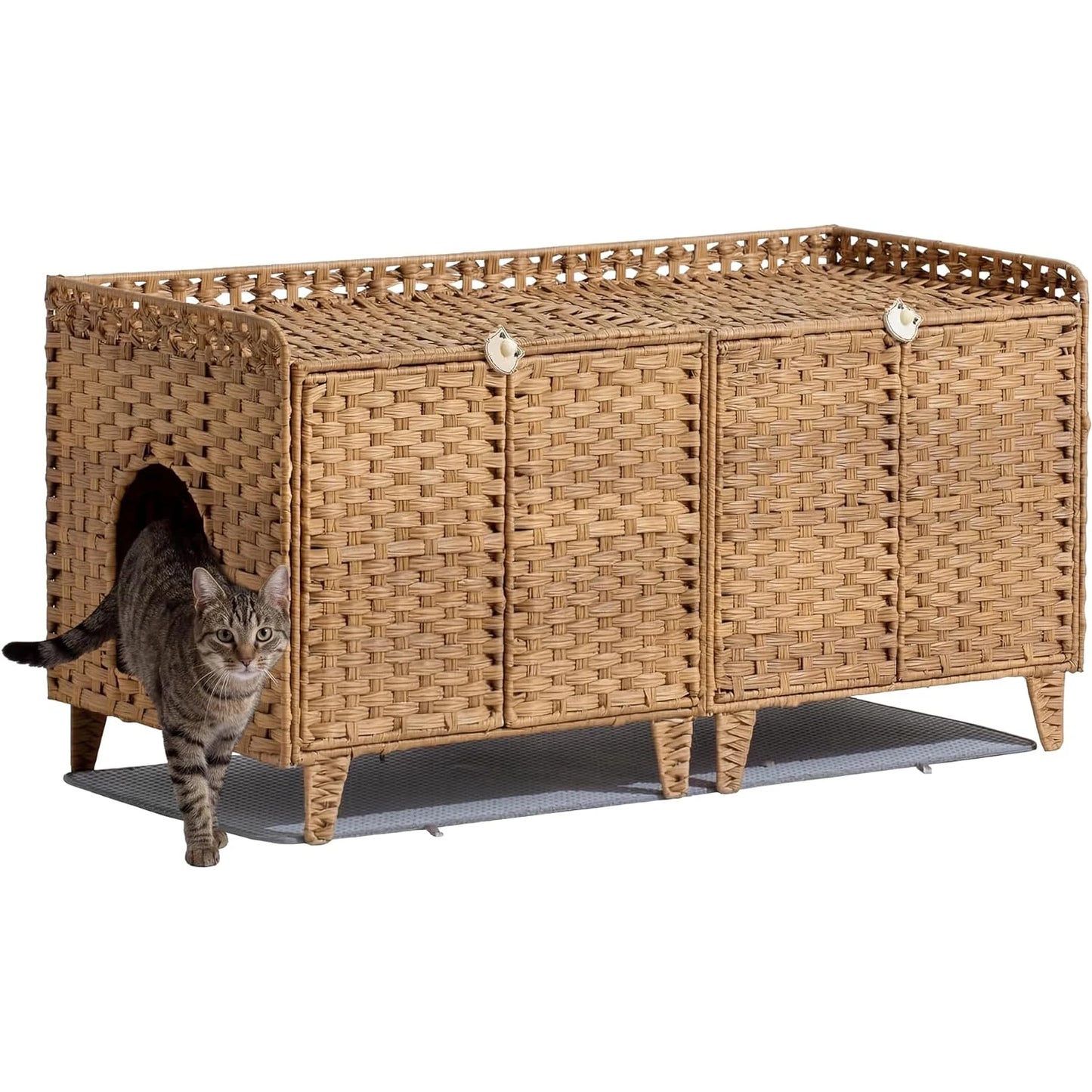 HiMISS Hidden Cat Litter Box Enclosure In Handwoven Rattan With Door
