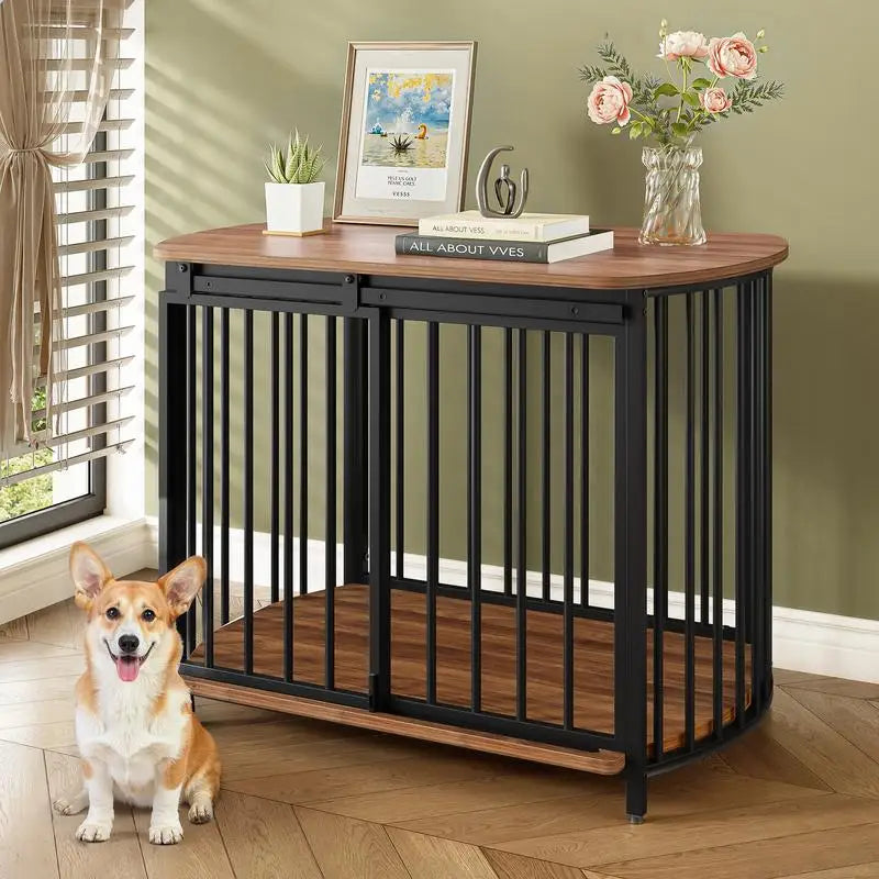 Wooden Dog Crate End Table With Double Doors For Home