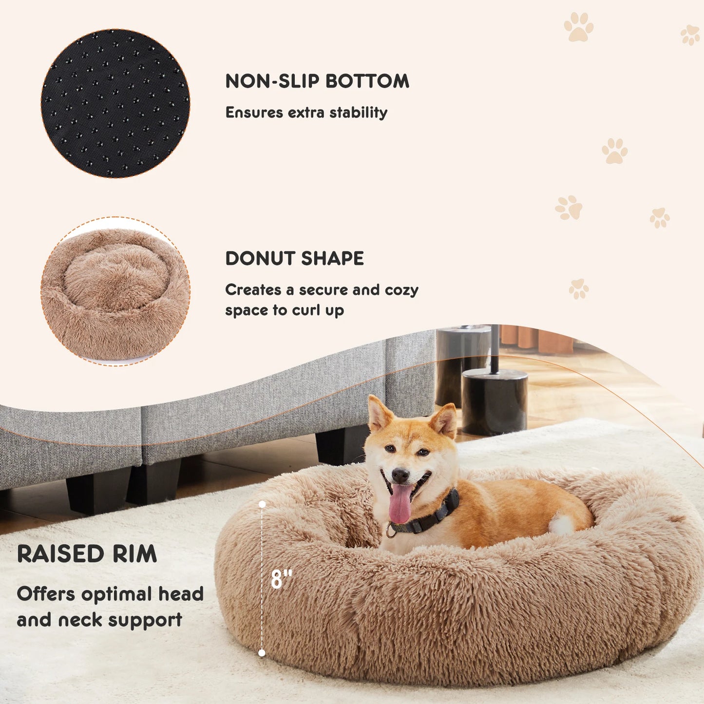 JHK Calming Dog Bed Plush Faux Fur Anti Slip Durable