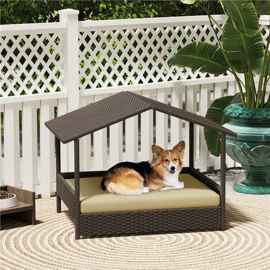 Dog House Outdoor Rattan Kennel With Elevated Foam Canopy Bed