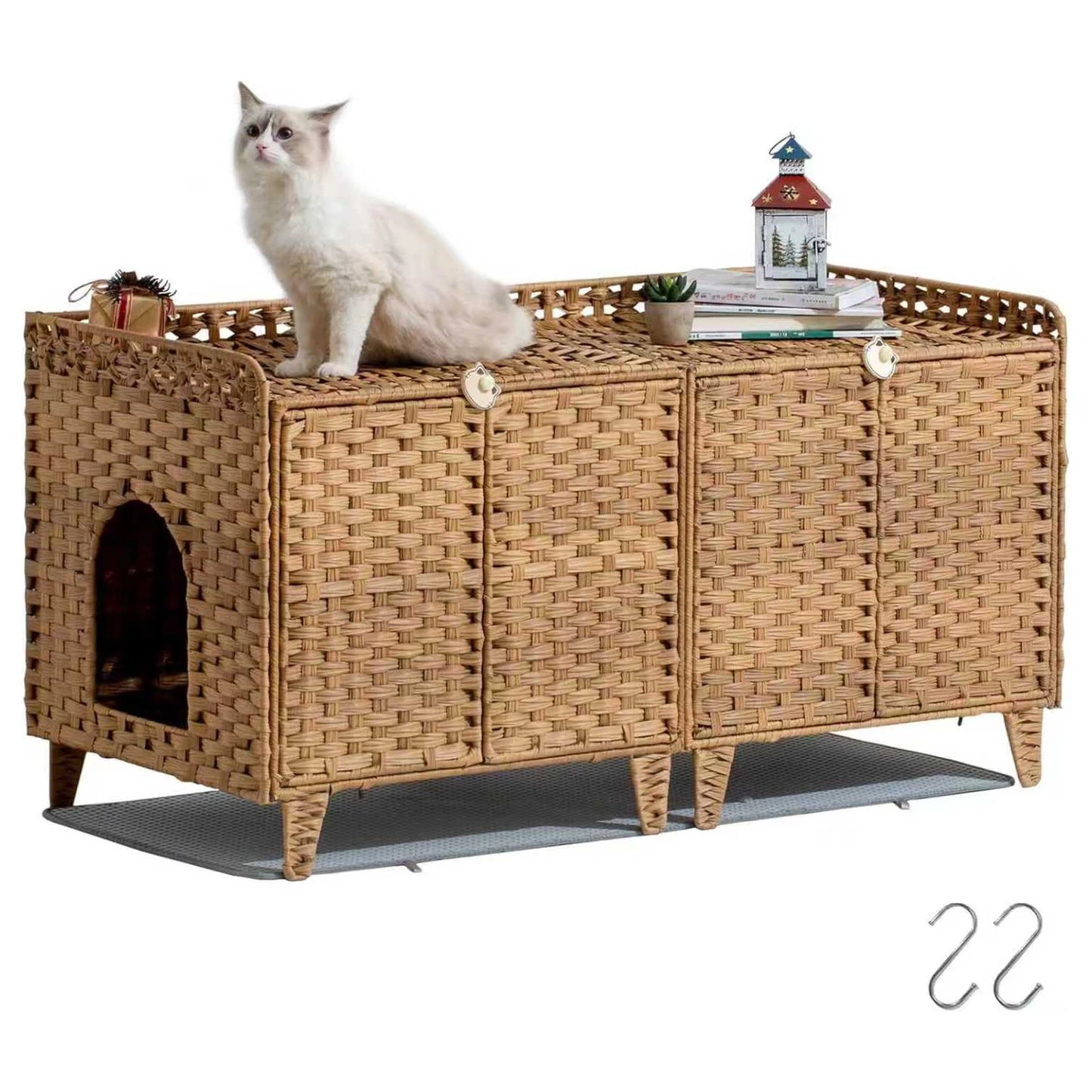 HiMISS Hidden Cat Litter Box Enclosure In Handwoven Rattan With Door