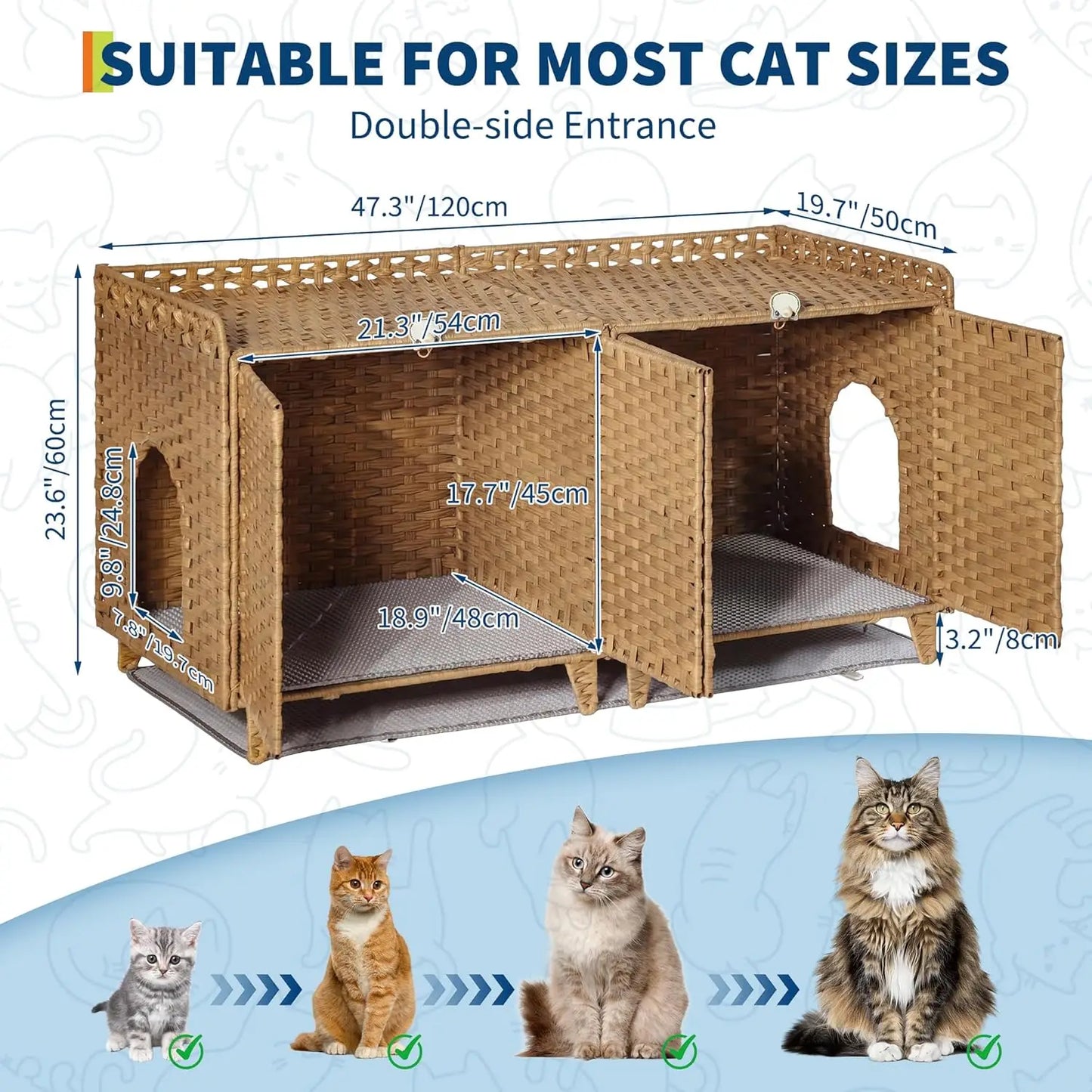 HiMISS Hidden Cat Litter Box Enclosure In Handwoven Rattan With Door