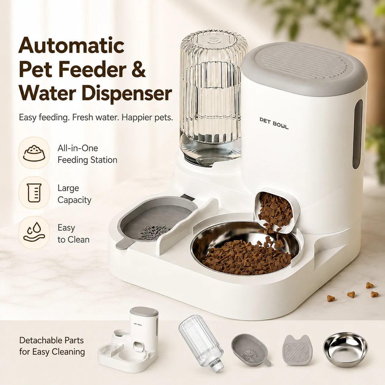 Automatic Pet Feeder And Water Dispenser 2-In-1 Bowl Station