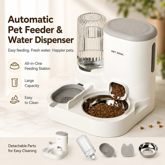 Automatic Pet Feeder And Water Dispenser 2-In-1 Bowl Station