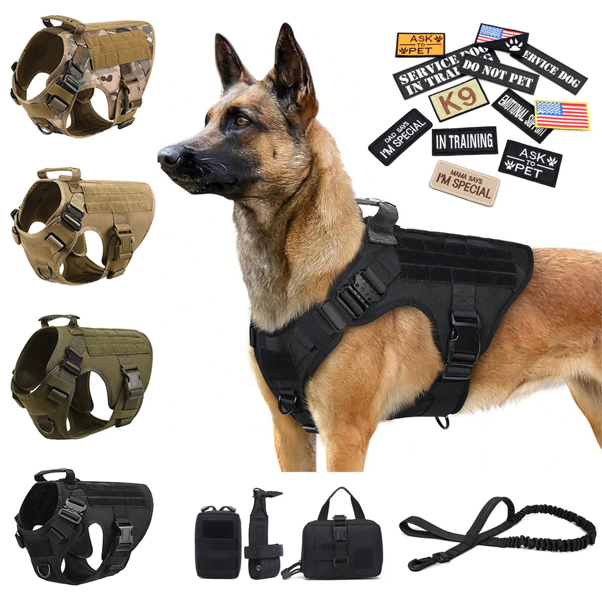 PETRAVEL Military Large Malinois Dog Harness Vest Set Patches Leash Kit