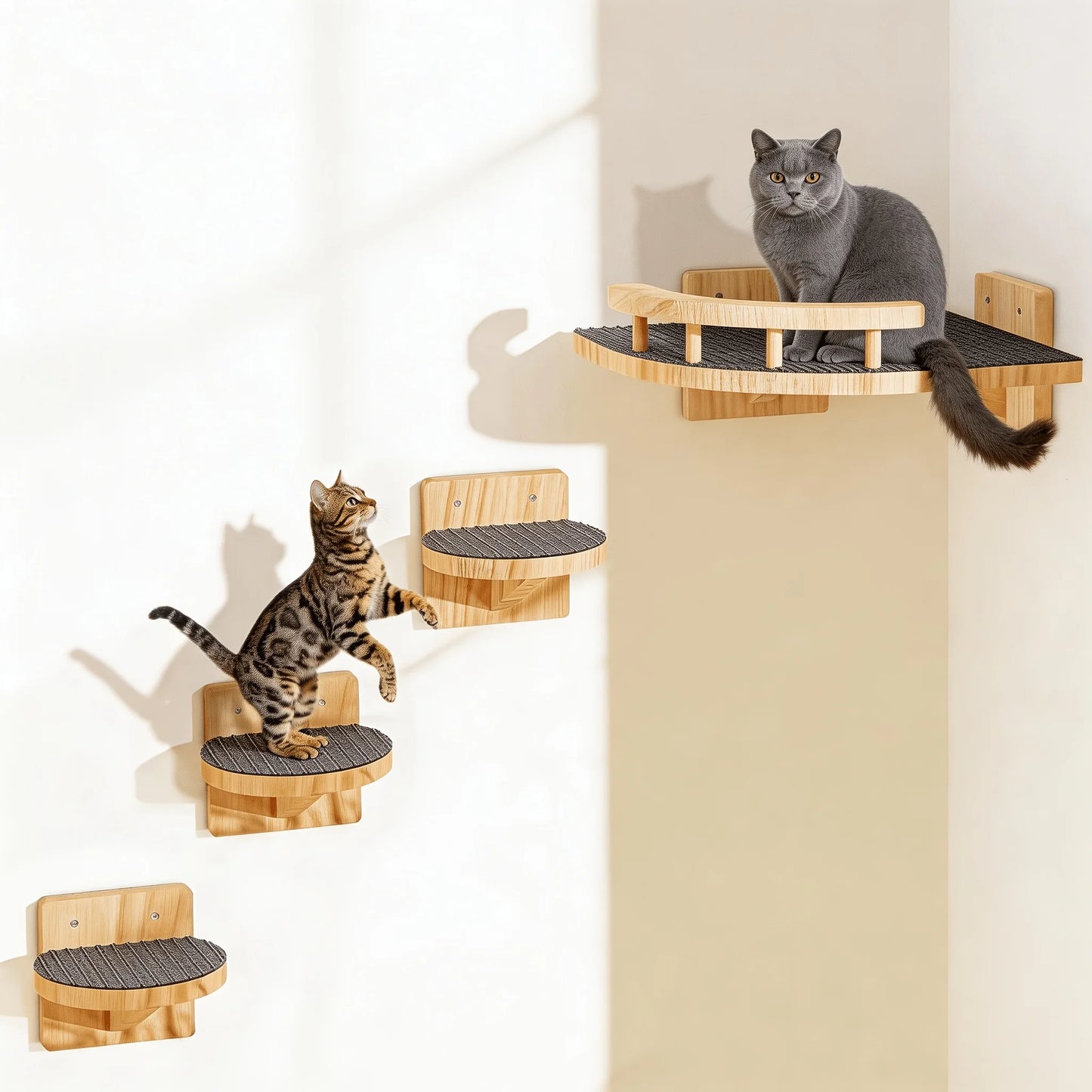 Pine Wood Cat Wall Shelves 4 Pc Set With 3 Step Climbing Ladders Bed Hammock