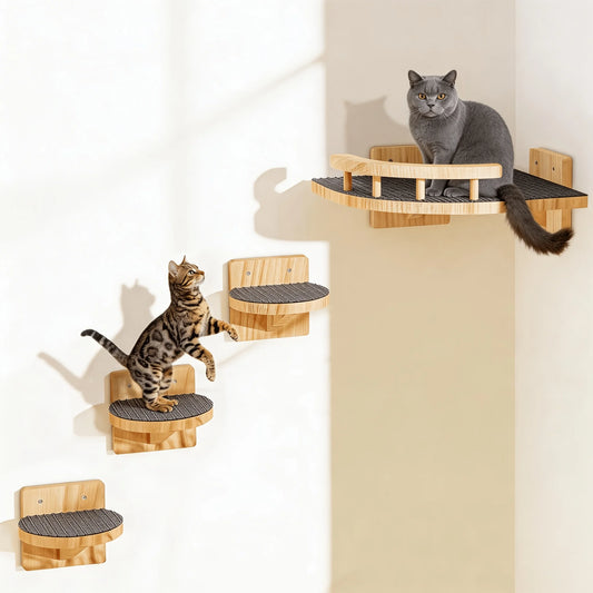 Pine Wood Cat Wall Shelves 4 Pc Set With 3 Step Climbing Ladders Bed Hammock