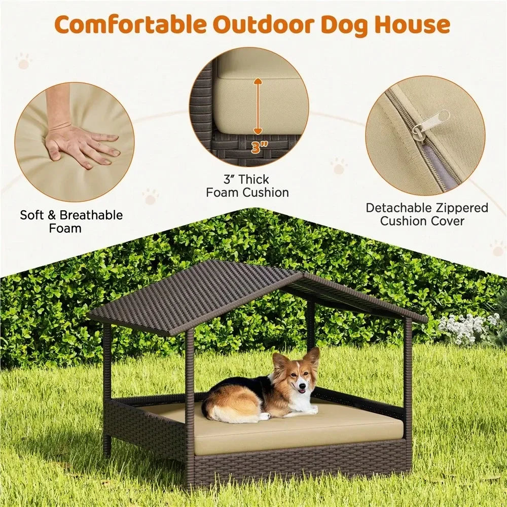 Dog House Outdoor Rattan Kennel With Elevated Foam Canopy Bed