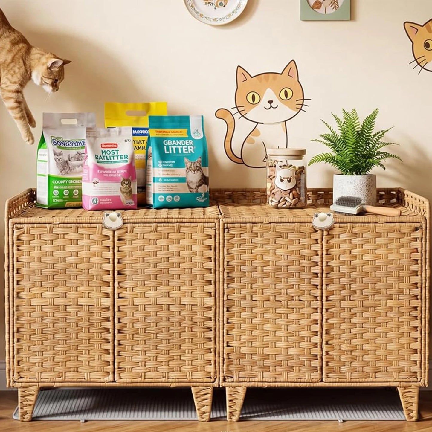 HiMISS Hidden Cat Litter Box Enclosure In Handwoven Rattan With Door