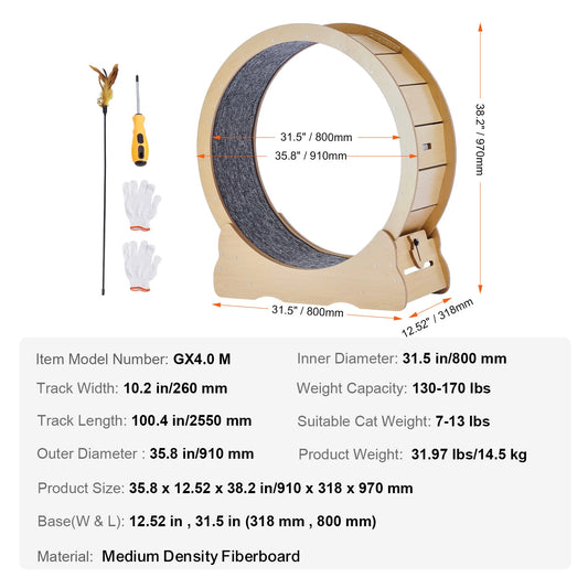 SucceBuy Wooden Cat Exercise Wheel For Indoor Cats With Teaser