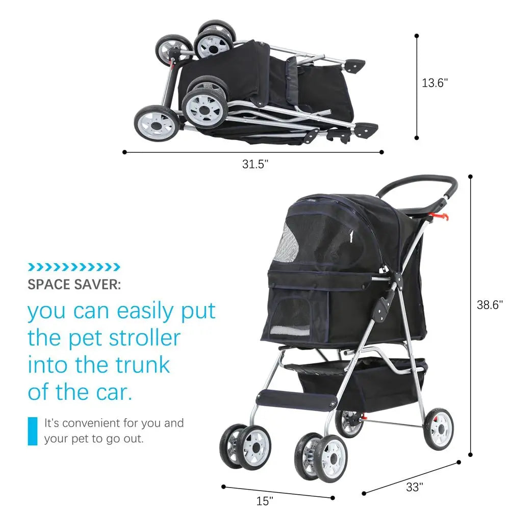 Four Wheel Pet Stroller For Dogs And Cats Foldable Carrier