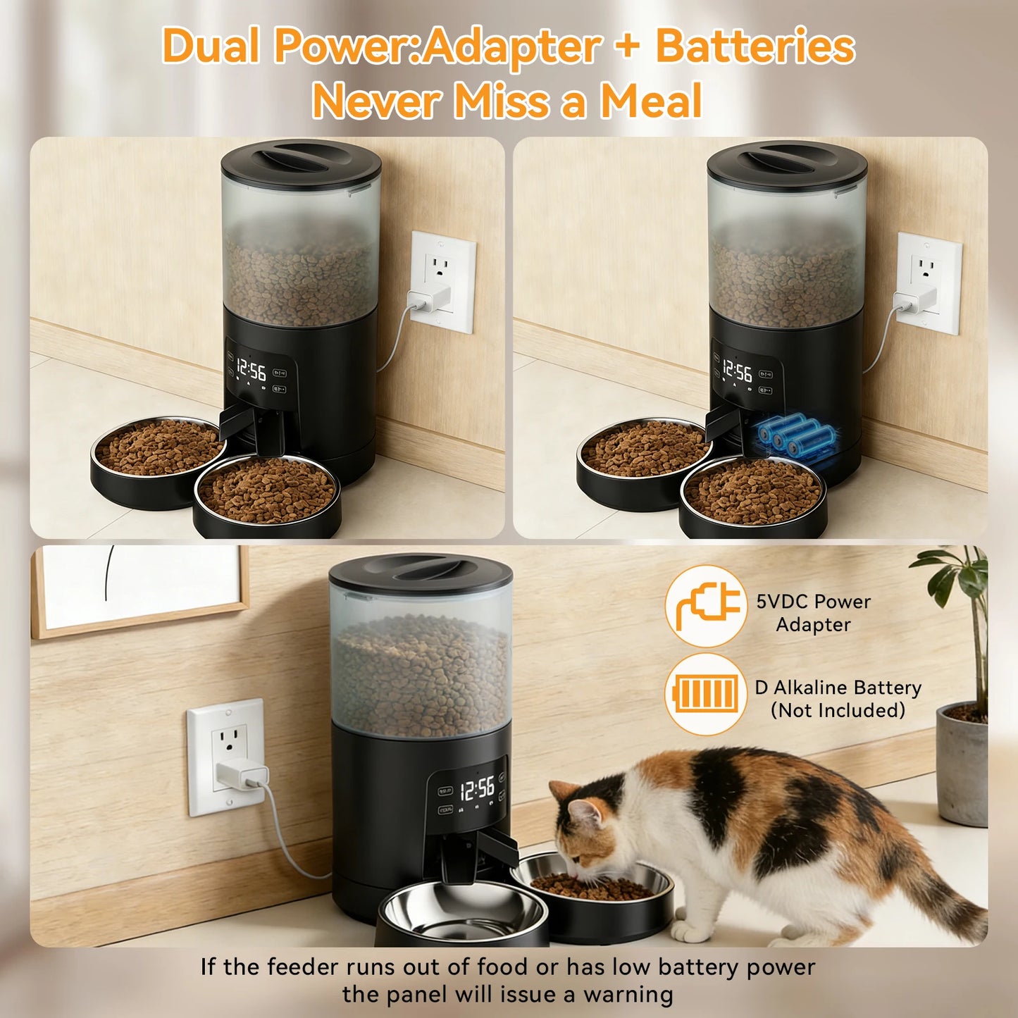 Automatic Cat Feeder With 2 Stainless Bowls Dual Power Supply