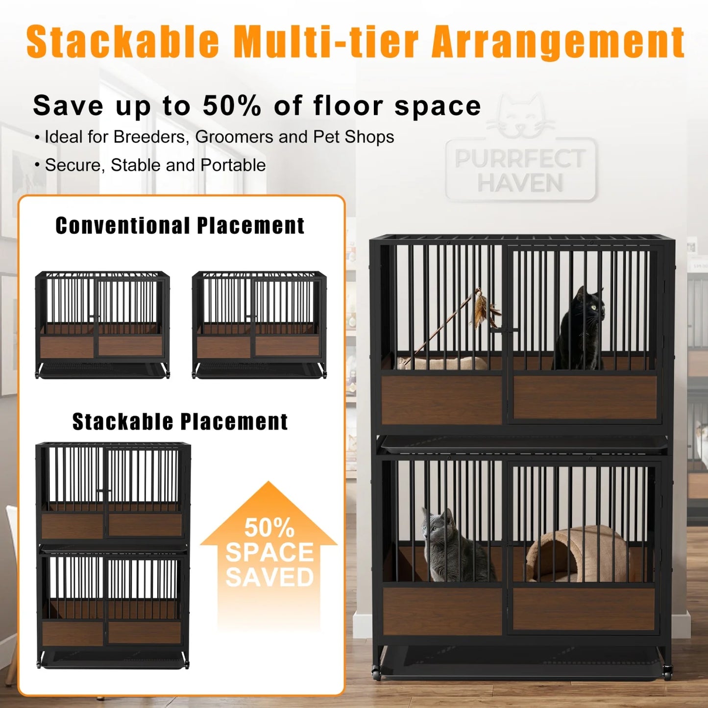 BINGOPAW Heavy Duty Rolling Dog Crate Kennel Removable Tray