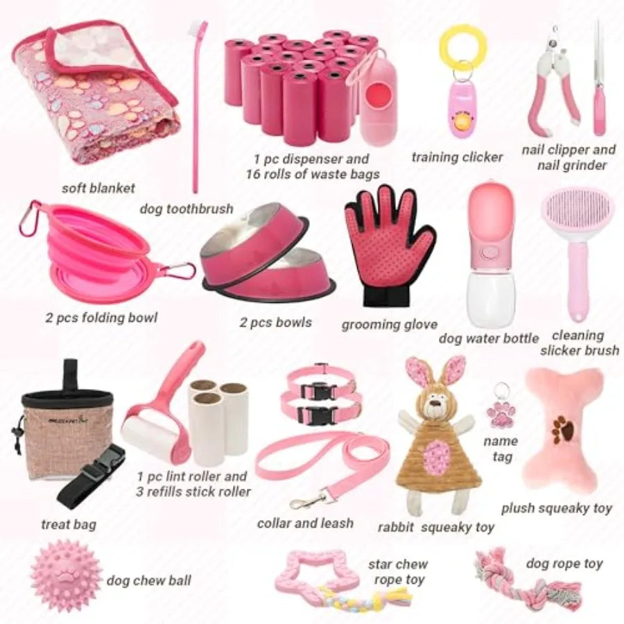 Puppy Essentials Starter Kit With Toys Collar Leash Treat Bag Blanket Bow
