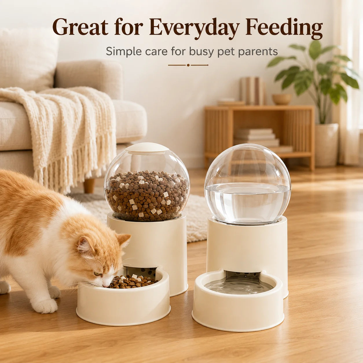Automatic Gravity Feeder And Water Dispenser For Cats With Transparent Dome Lid