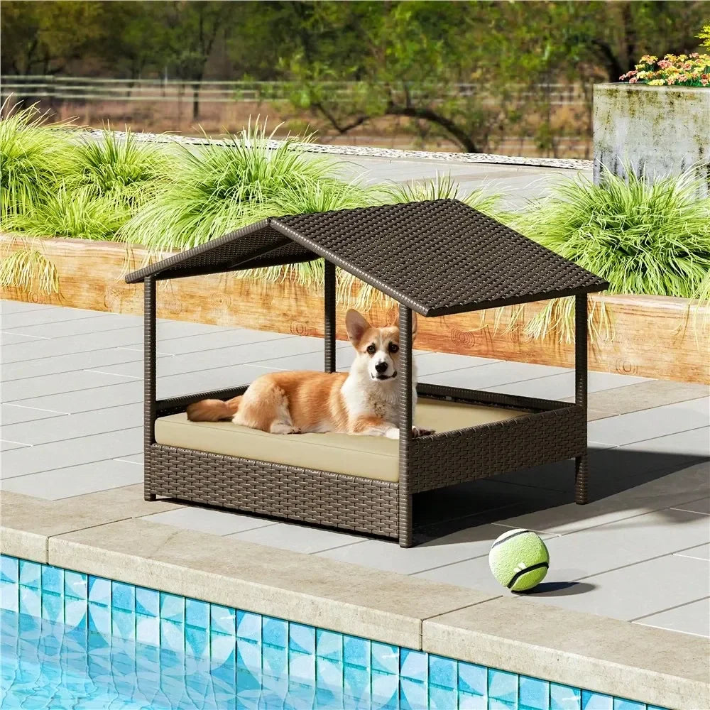 Dog House Outdoor Rattan Kennel With Elevated Foam Canopy Bed
