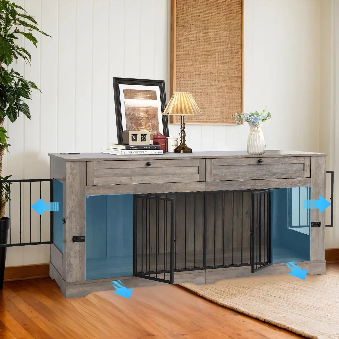 Heavy Duty Wooden Dog Crate End Table With Charging Station And Drawers