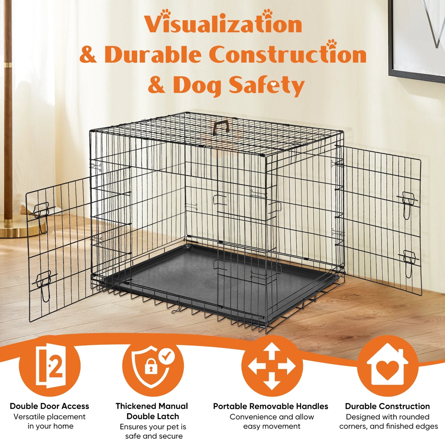 JHK Folding Wire Dog Cage With Pan Tray For Outdoors