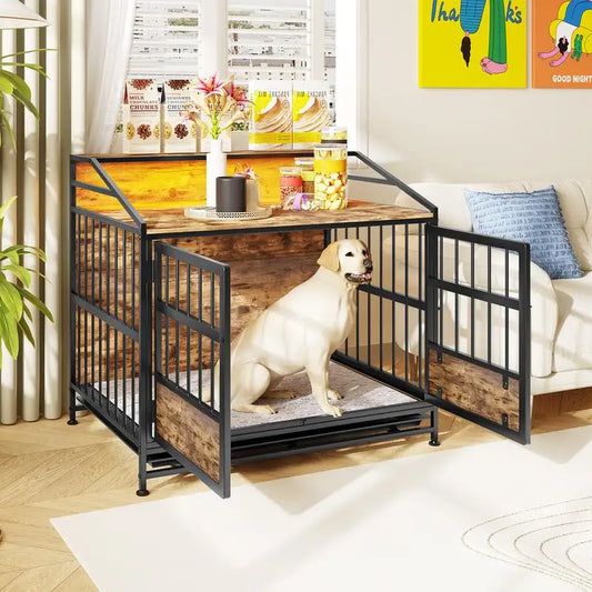 Multi Function Wooden Dog Crate With Storage And Double Doors