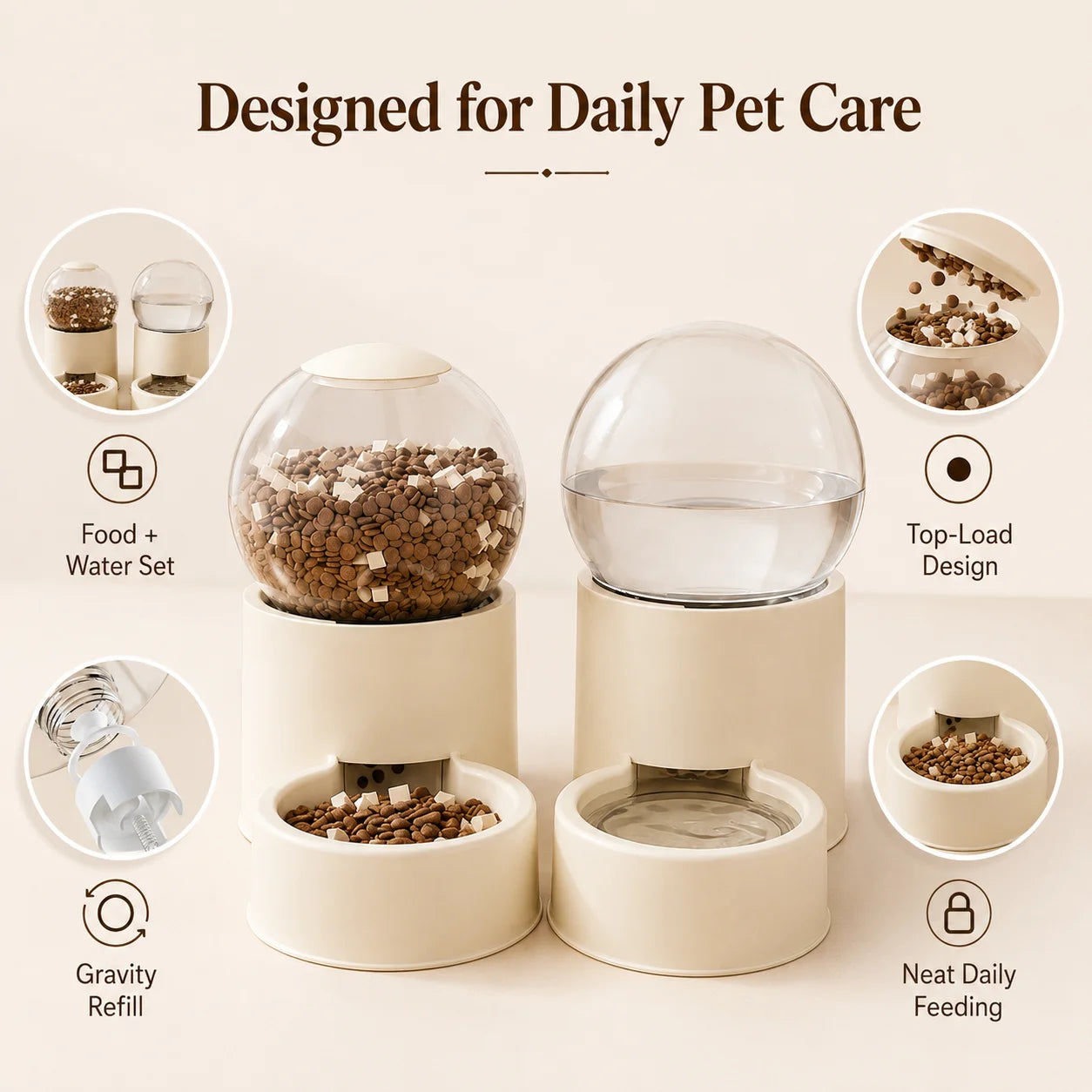 Automatic Gravity Feeder And Water Dispenser For Cats With Transparent Dome Lid