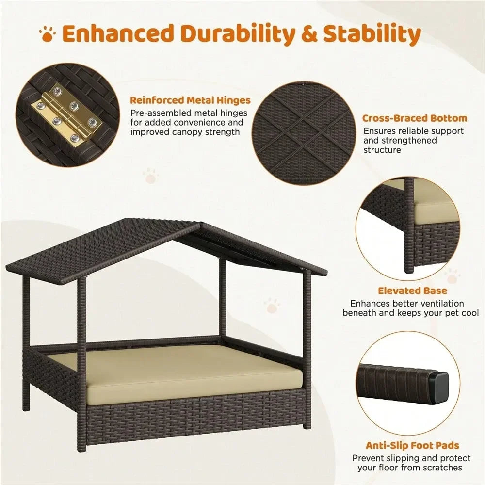 Dog House Outdoor Rattan Kennel With Elevated Foam Canopy Bed