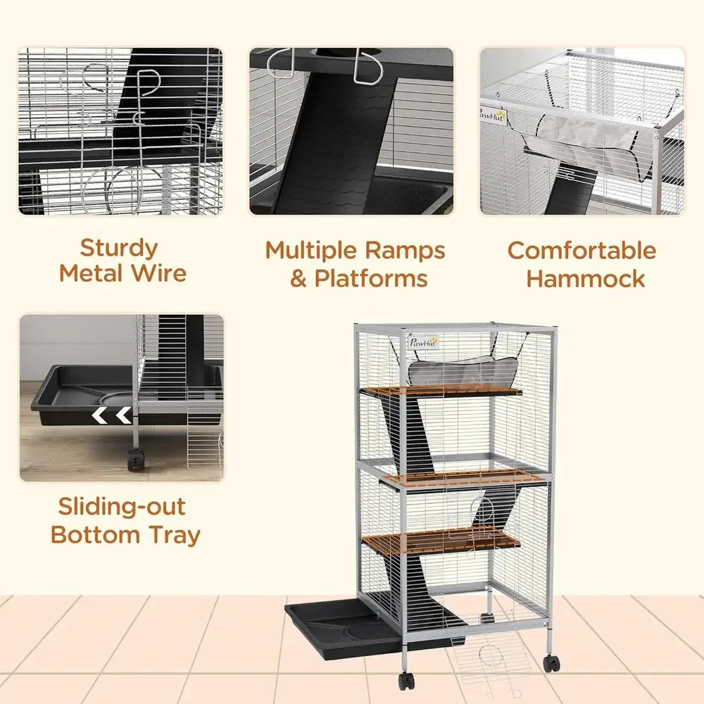 4 Tier Rolling Small Animal Cage With Hammock Removable Tray
