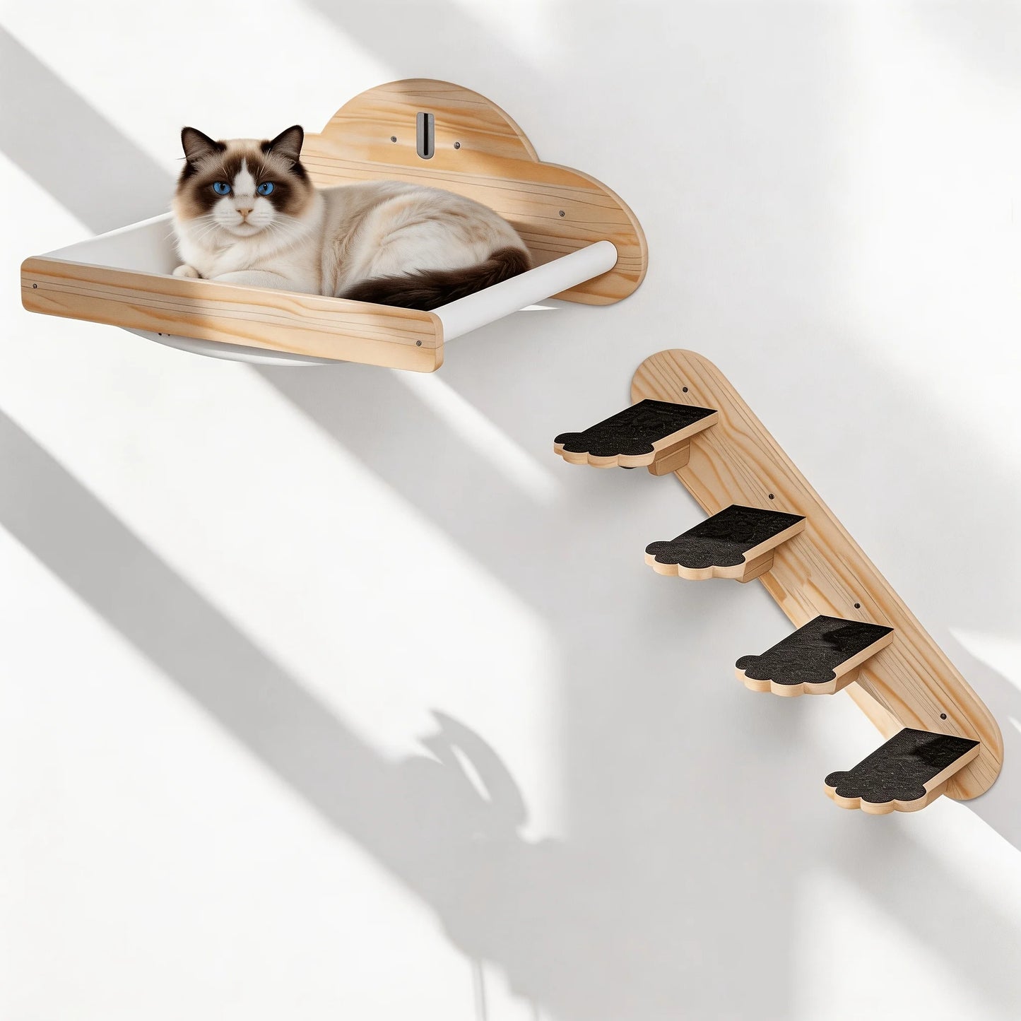 Pine Wood Cat Wall Shelves 4 Pc Set With 3 Step Climbing Ladders Bed Hammock