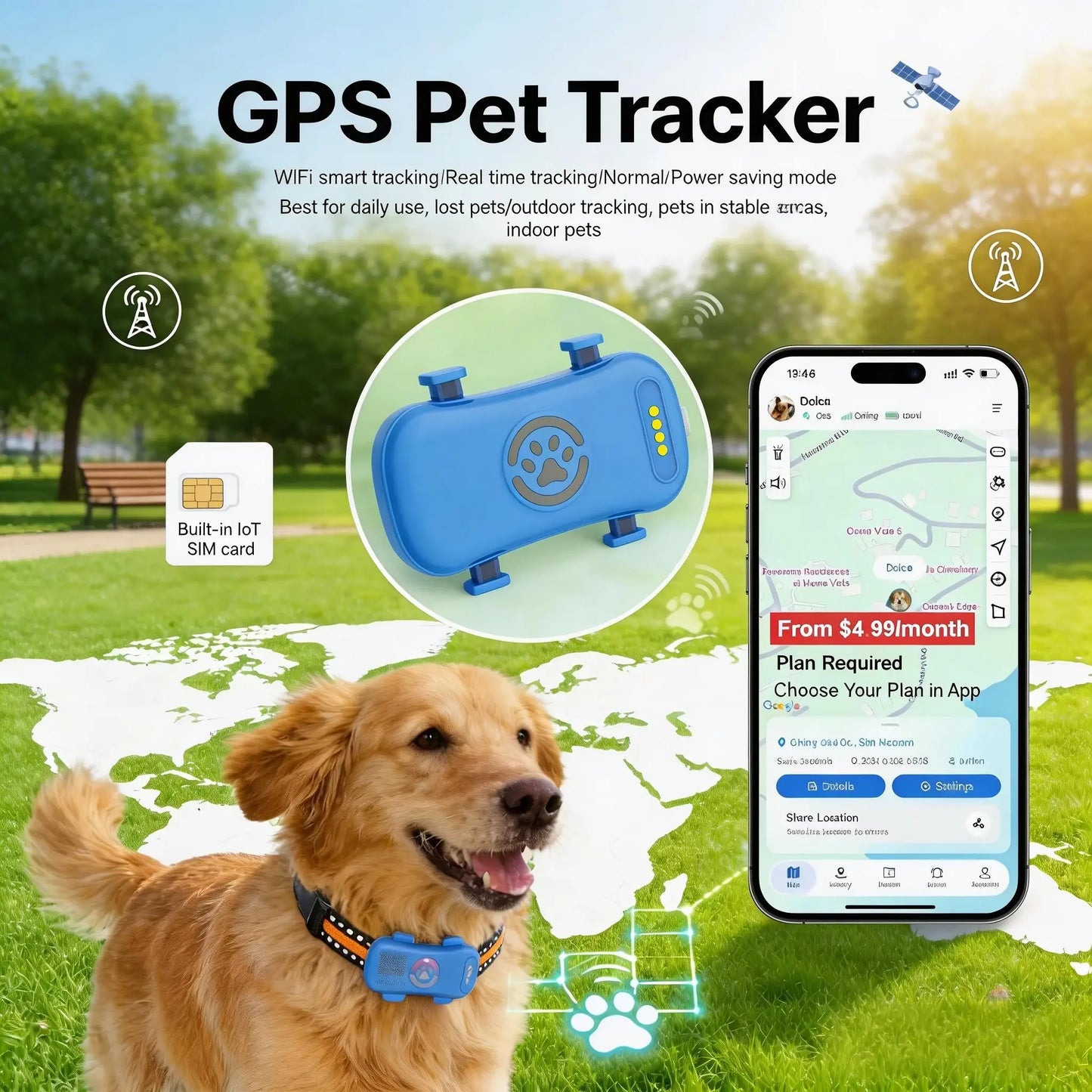 WANWAYTECH GPS Pet Tracker 4G Real Time Tracking Dogs Cats