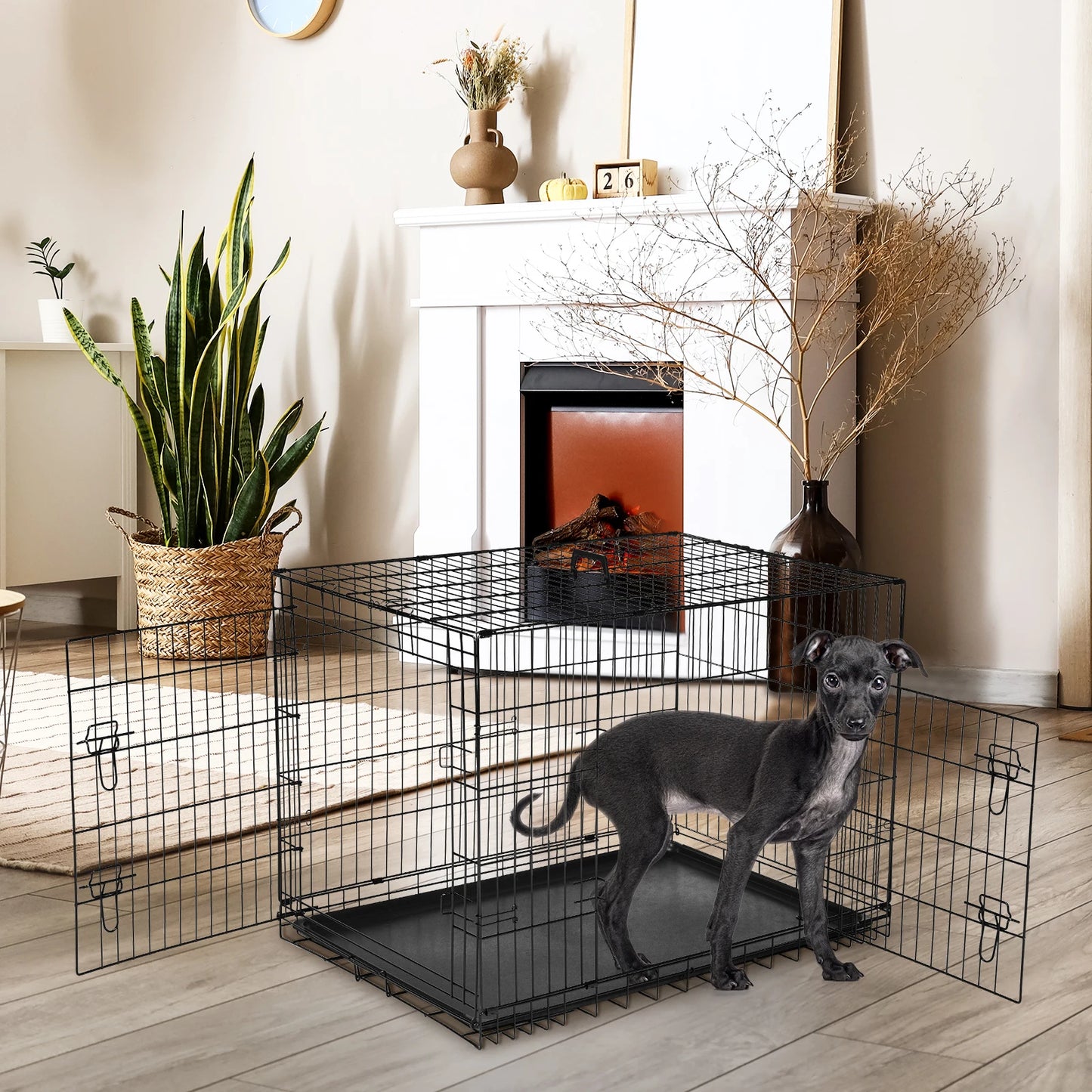 JHK Folding Wire Dog Cage With Pan Tray For Outdoors
