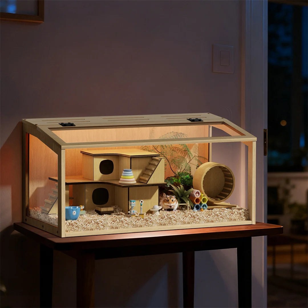 Natural Wooden Hamster Cage With Tempered Glass Panels And LED