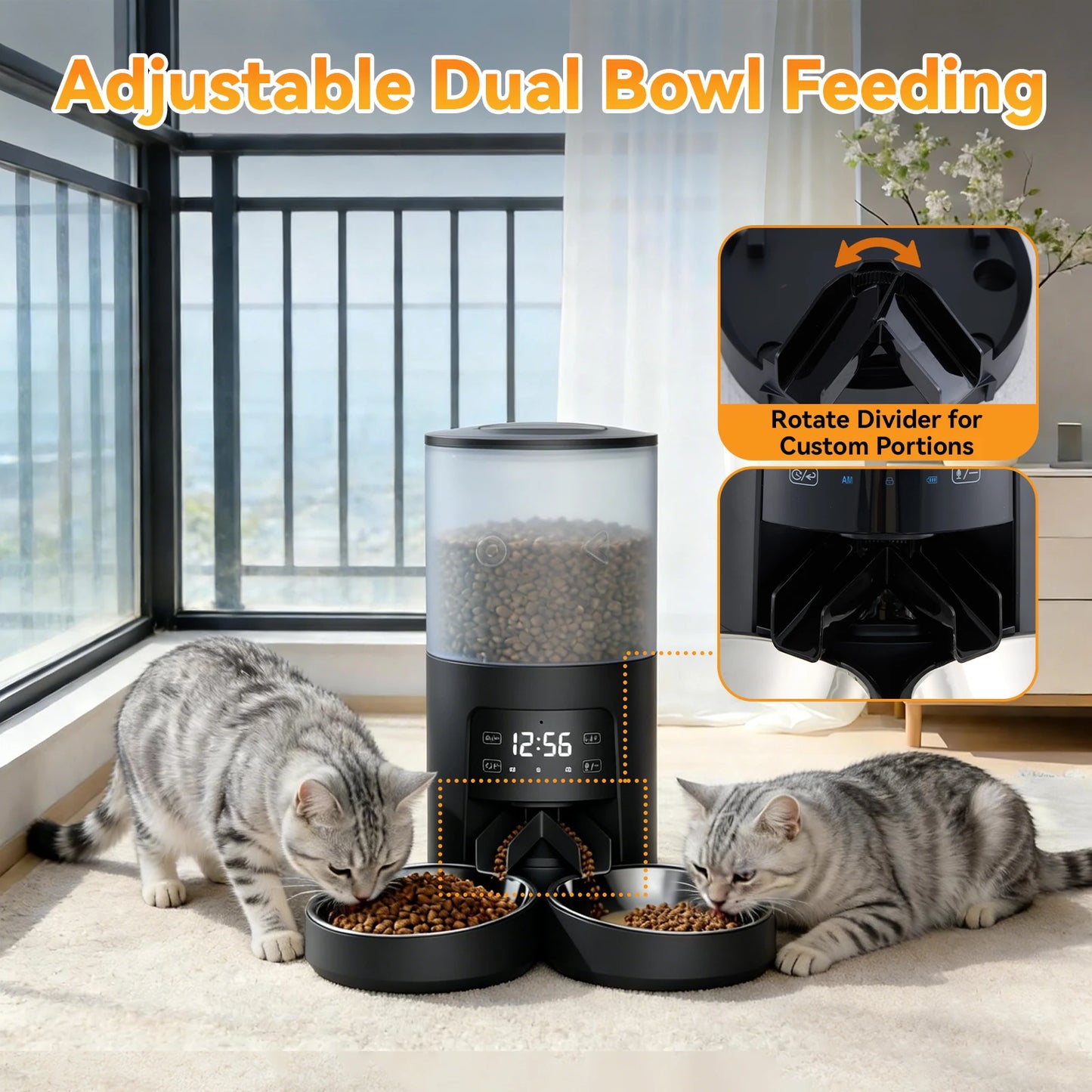 Automatic Cat Feeder With 2 Stainless Bowls Dual Power Supply