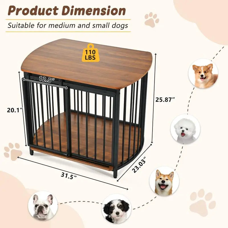Wooden Dog Crate End Table With Double Doors For Home