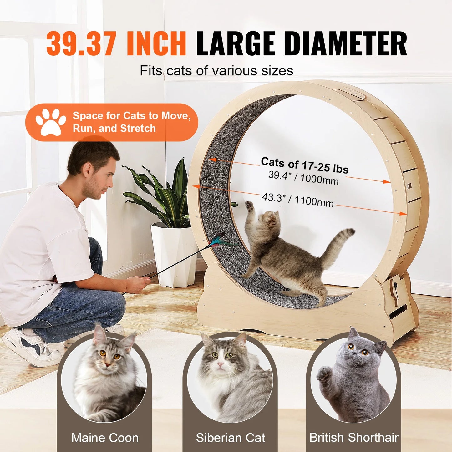 SucceBuy Wooden Cat Exercise Wheel For Indoor Cats With Teaser