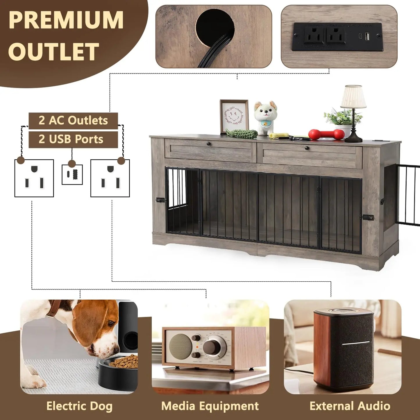 Heavy Duty Wooden Dog Crate End Table With Charging Station And Drawers