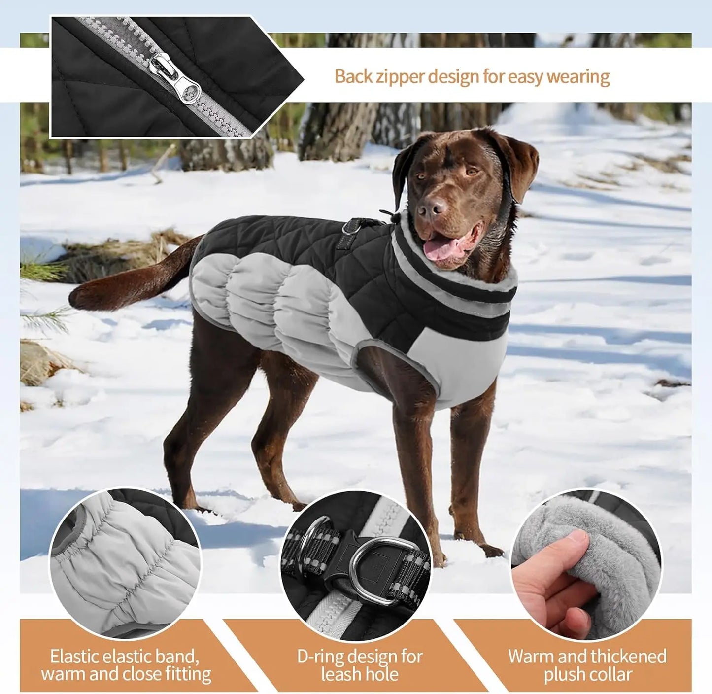 Waterproof Fleece Dog Coat With D Ring And Back Zipper