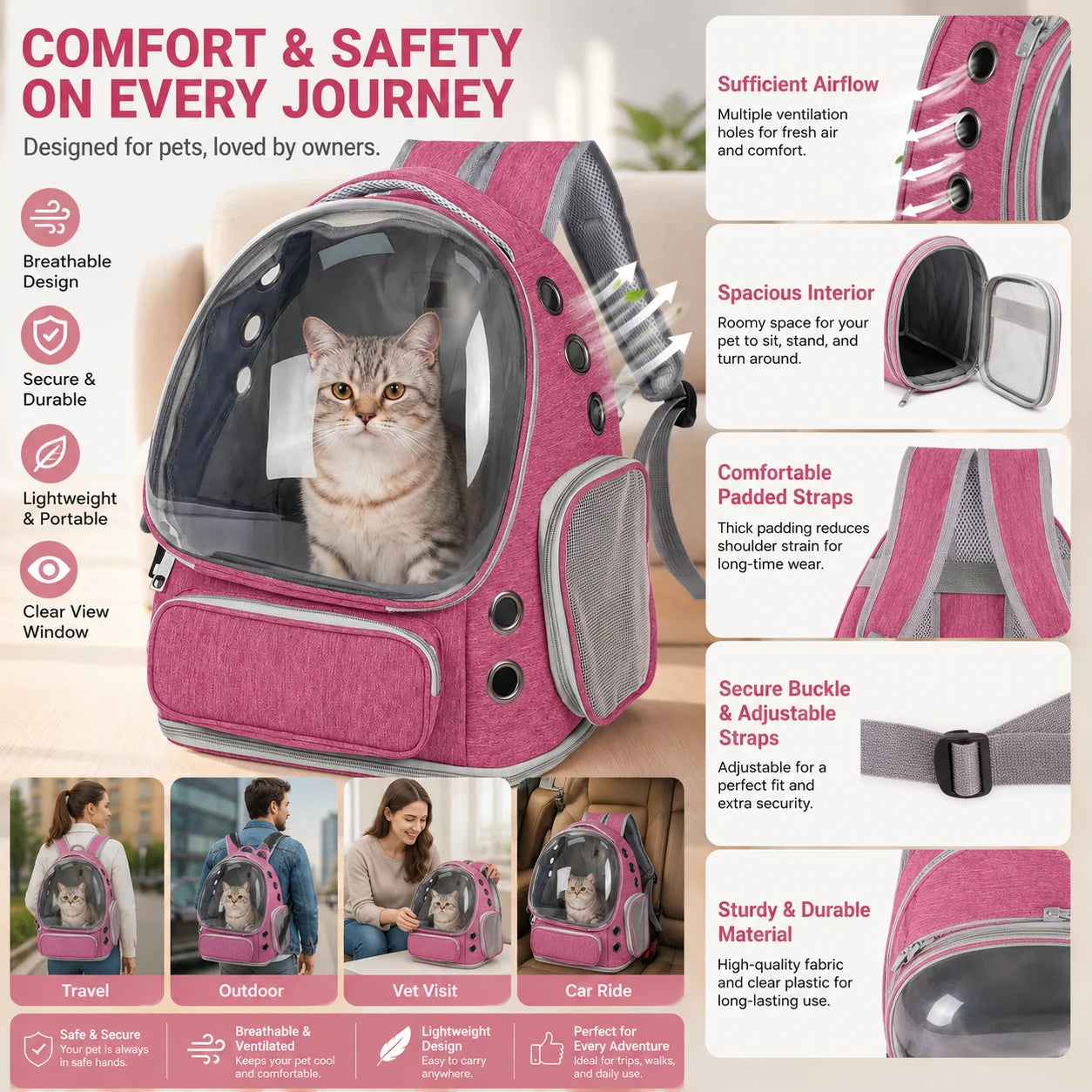 XMSJ Ventilated Pet Backpack Carrier for Cats and Dogs