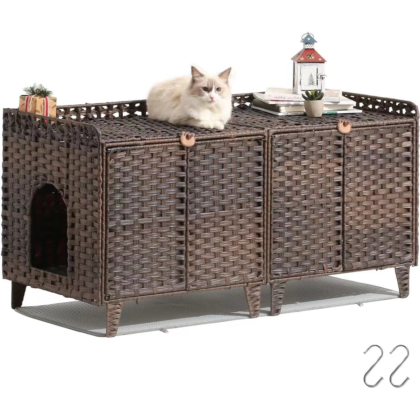 HiMISS Hidden Cat Litter Box Enclosure In Handwoven Rattan With Door