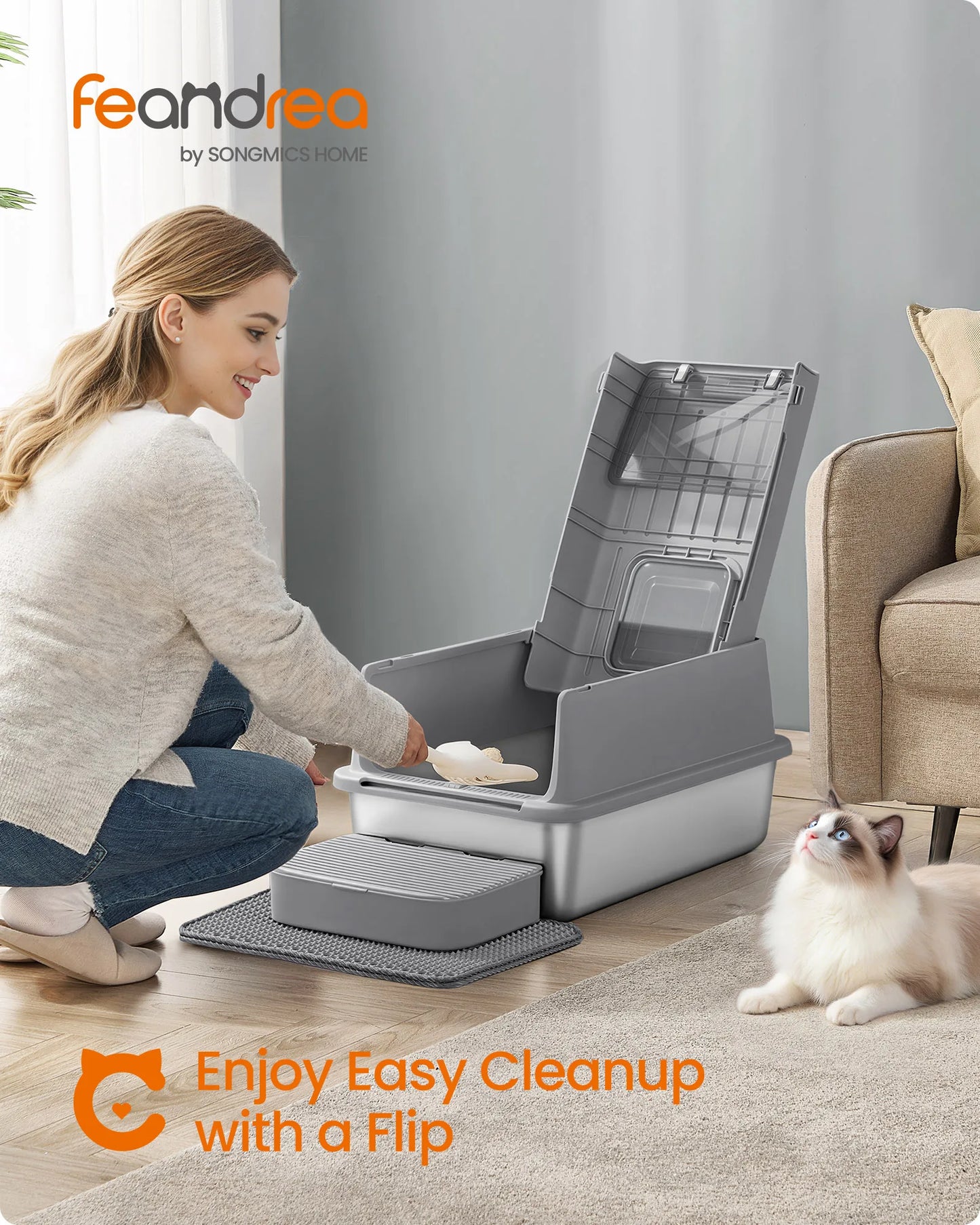 Feandrea Cat Litter Box With Flip Lid Two Doors Scoop