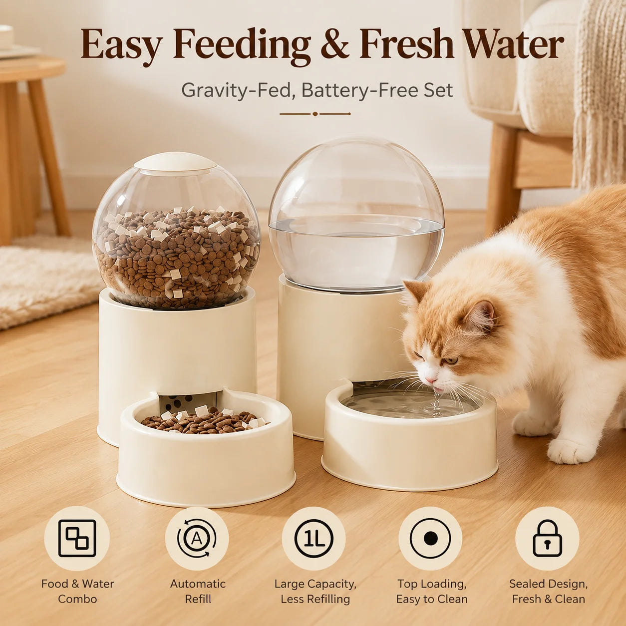 Automatic Gravity Feeder And Water Dispenser For Cats With Transparent Dome Lid