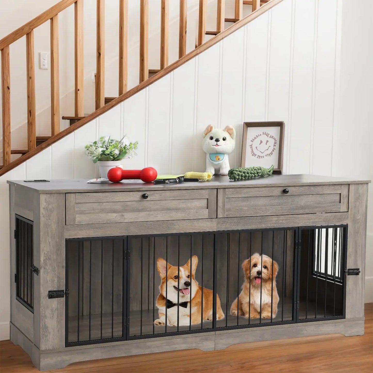 Heavy Duty Wooden Dog Crate End Table With Charging Station And Drawers
