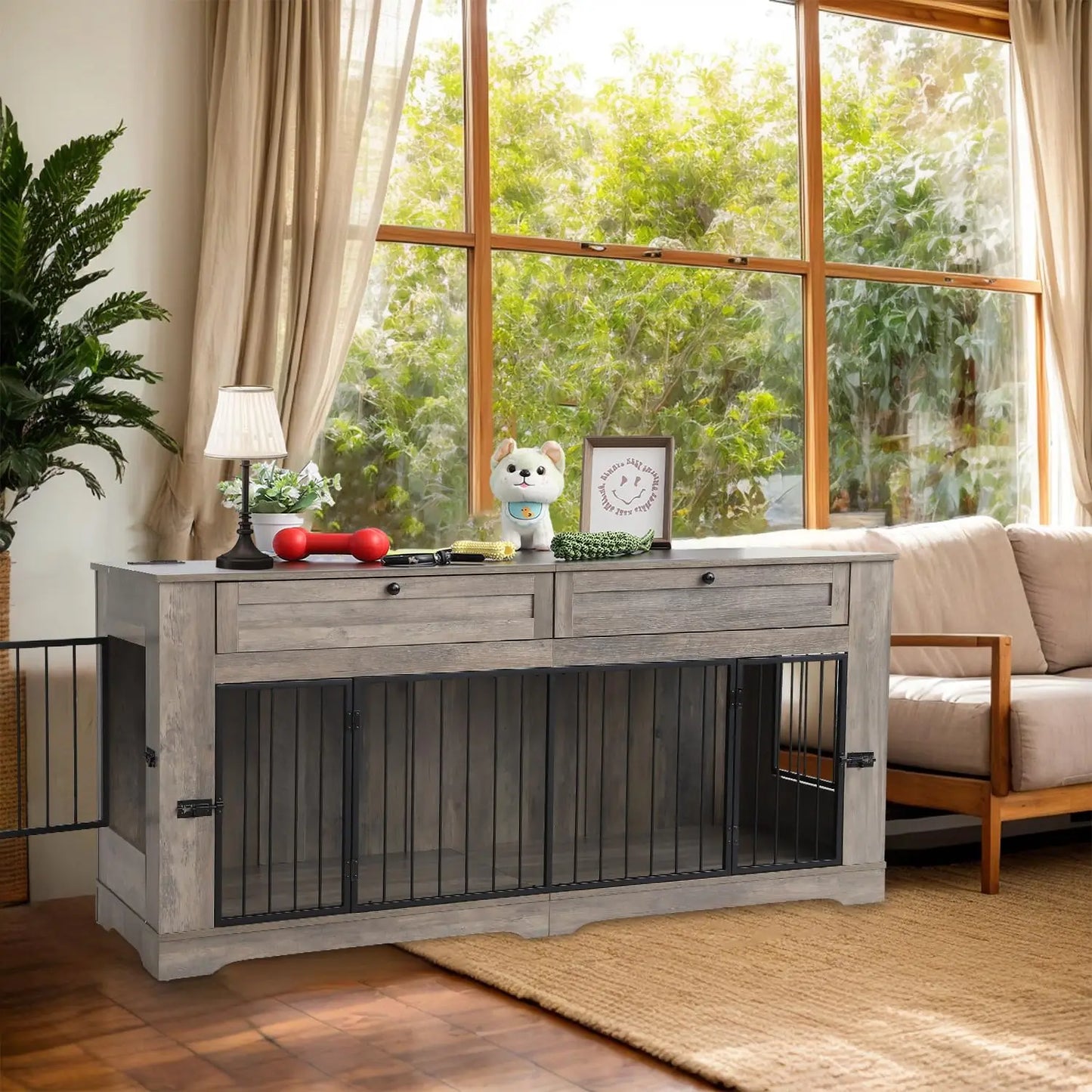 Heavy Duty Wooden Dog Crate End Table With Charging Station And Drawers