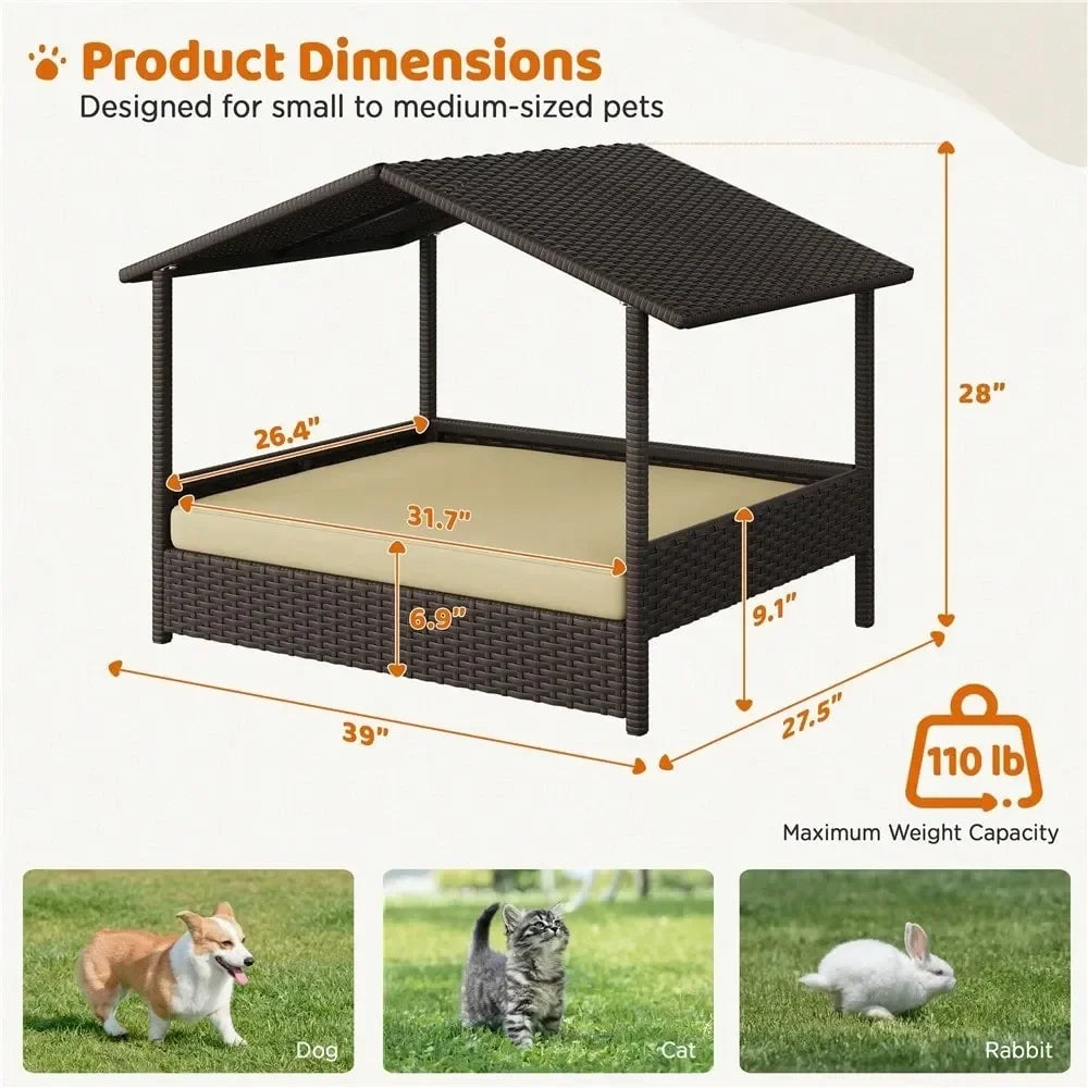 Dog House Outdoor Rattan Kennel With Elevated Foam Canopy Bed