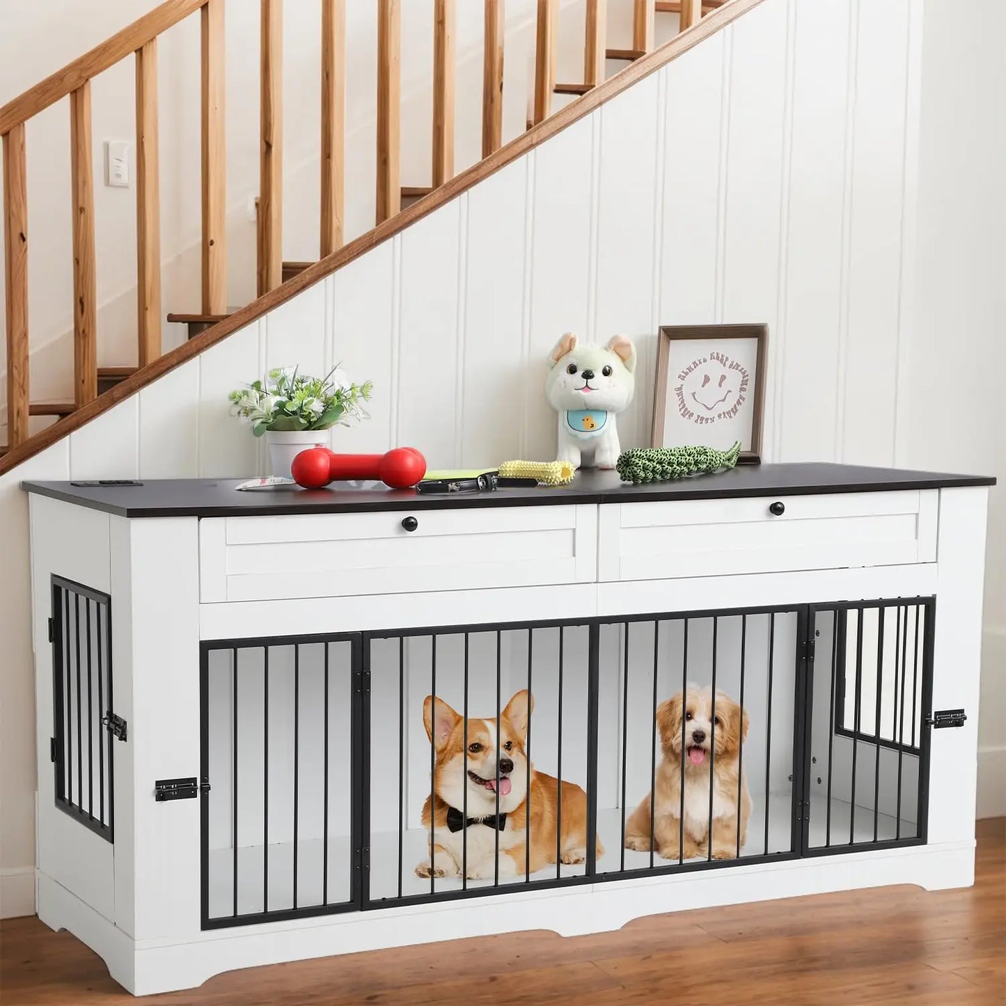 Heavy Duty Wooden Dog Crate End Table With Charging Station And Drawers